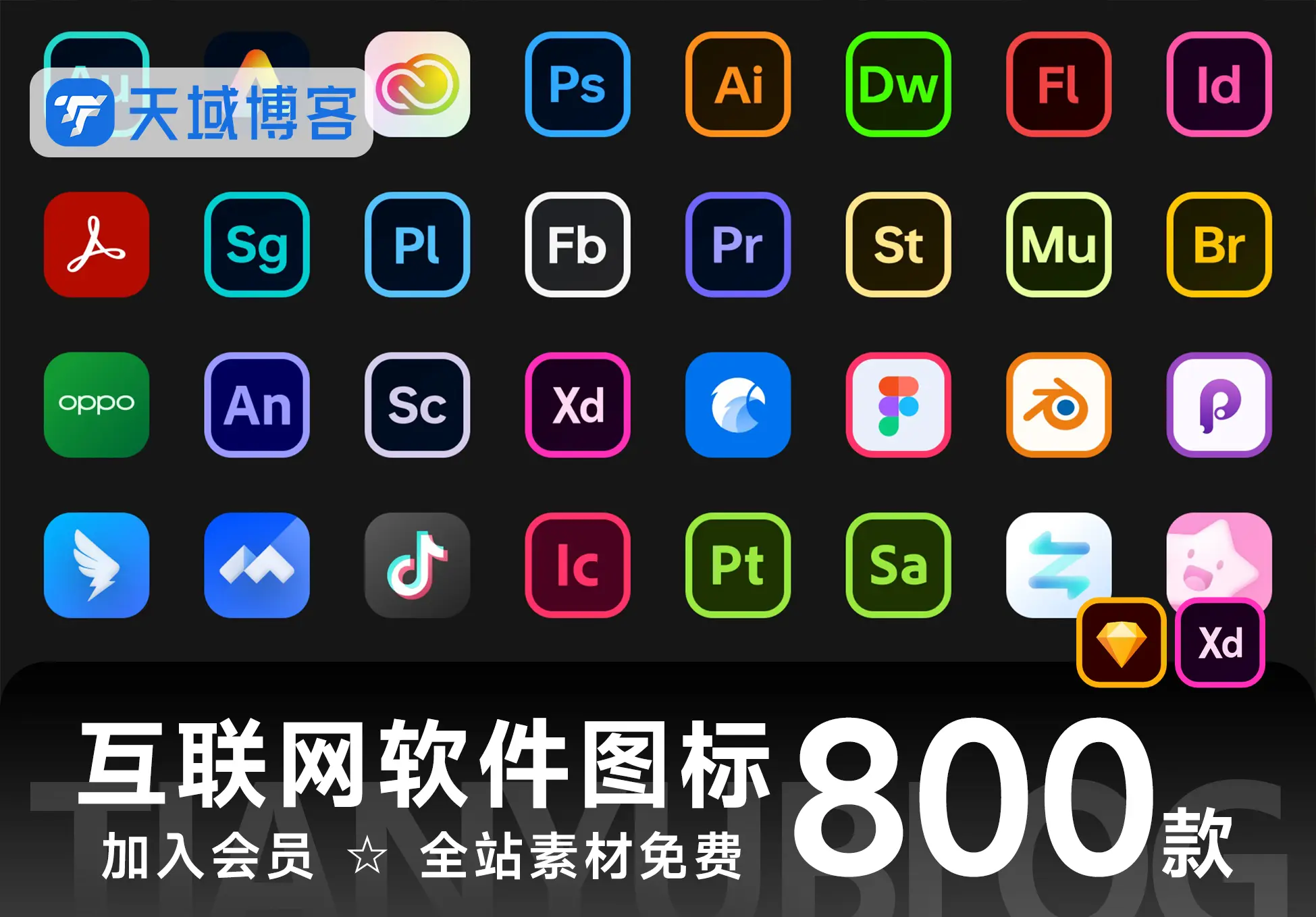20240915期-800+款APP移动端ICON互联网Adobe社交媒体常用UI软件图标Sketch格式素材模板XD格式文件-天域博客